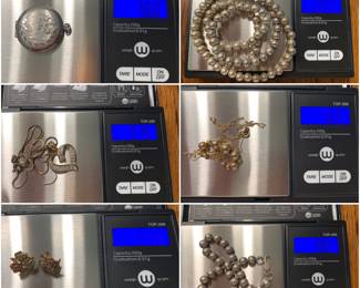 Item #49 Sterling Locket $40 // Item #50 925 beaded necklace 22 inches $32 // Item #51 925 heart with diamond chips 18 inches $32 // Item #52 - SOLD - 14K Add a bead necklace(chain is broken-needs jump ring) 24 inches 1.65 gr $130 // Item #53 14K Tricolor post earrings 2.74 gr $210 // Item #54 - SOLD - 925 beaded bracelet 8 inches $20