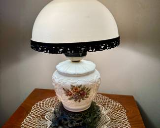 Item #82 White Hurricane Lamp with Flower Design $24