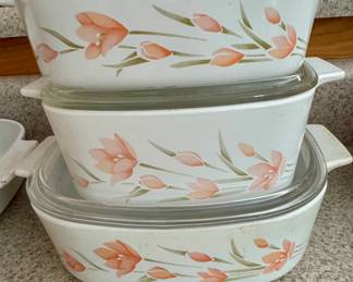 Item #76 Corning Ware Peach Floral set of 3 with 2 lids $22