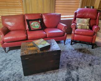 Red Leather Recliner and Sofa by Mckinley Leather. English Silver Chest.