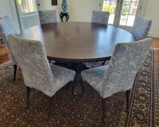 Round Inlaid Rope Edge Pedestal Table with 6 Dining Chairs. The table top can convert to a smaller size by removing the outer ring.
