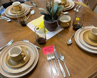 Solid wood dining room set with 6 chairs & featuring Denby Stoneware