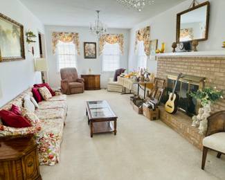 Extra long sofa, recliner chair, decor, vintage solid wood side and coffee tables 