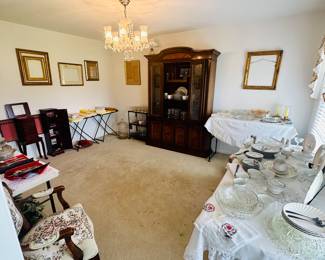 Dinning room hutch, silver plated silverware, vintage dish ware, fine china, vintage linens, books etc 