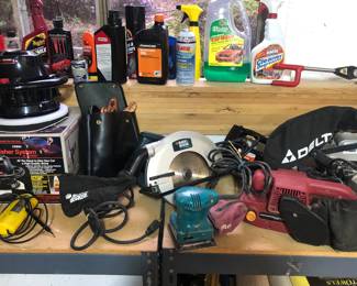 Power tools: Craftsman car buffer, Black & Decker 7 1/4” circular saw, Makita palm sander, Win jig saw, Chicago Electric 3” x 21” belt sander