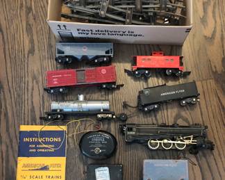 Gilbert American Flyer S gauge train cars, track & transformers