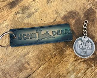 Vtg. John Deere w/ Jumping Deer Stamped Leather Keychain & Vtg. John Deere “Think Green” Metal Keychain Fob Sign