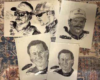 Sketch Prints of Dale Earnhardt Sr. & Jr. by Donald V. Williams Laminated 17x11, Dale Earnhardt, Sr. Pencil Drawing Laminated 14x11 Print by Frank Nareau 1996, & Rusty Wallace Pencil Drawing Laminated 14x11 Print by Frank Nareau 1996