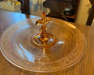 Vtg Fostoria Amber Serving Tray w/Fleur de Lis Handle!