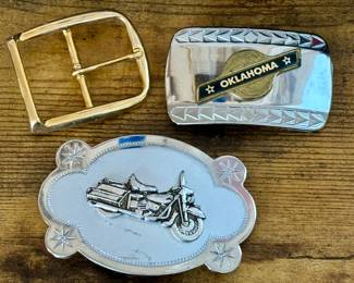Vtg. Silver Motorcycle Belt Buckle Made in Japan & Vtg. Nickel Silver Black “Oklahoma” Belt Buckle