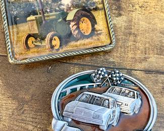 Vtg. John Deere Green Farming Tractor Belt Buckle Enamel AGRI-Photos Lizton, IN & Vtg. Belt Buckle “The BS Stops When the Green Flag Drops” 1984 Bergamot Brass Works M 149