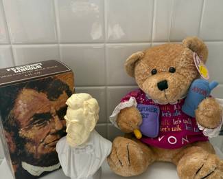 Lincoln Avon Bottle, Avon Gabbigail Bear!