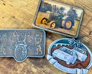 Vtg. John Deere Green Farming Tractor Belt Buckle Enamel AGRI-Photos Lizton, IN & Vtg. Belt Buckle “The BS Stops When the Green Flag Drops” 1984 Bergamot Brass Works M 149 & Vtg. Coors Banquet Beer Belt Buckle Adolph Coors Company Golden Colorado