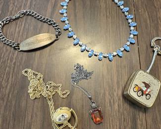 Sterling Engraved ID Bracelet, Nantucket PAI CC Basket Necklace, Antique Sterling Amber Necklace, Clover 1906 Cadillac Musical Keychain