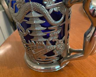 Japanese Dragon Blue Cobalt Silver Plate Tankard