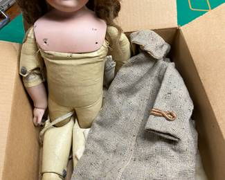 Antique Morimura Bros. Japan. These Dolls were Distributed in Germany. Leather Body, Bisque Head, Glass Eyes, Mohair Wig. Antique Clothes included