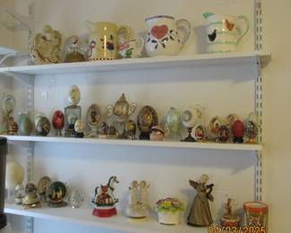 Pitchers, decorative eggs, music boxes