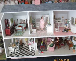 2 Story Doll House. Dollhouse and Platform comes with 86 pieces sold as a set, however, additional pieces available for sale e. g. outdoor furniture, people, andirondack chairs, swing, and misc.