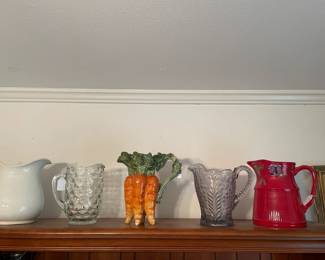 Collectible Pitchers. Fostoria, Fitz & Floyd Carrot, Heavy glass pitcher, Heavy Red Pitcher