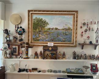 Wall of Collectibles, Kachina dolls, Bluebonnets Original Art, Wedgewood, Sterling compote, and Coins. (Miniature Holy Family sold!)