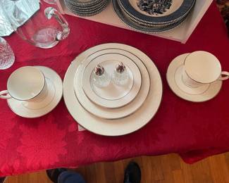 Lenox "Opal Innocence" Dinnerware service for 2. Pictured w/ new salt/pepper shaker set.
