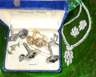 Vintage Cufflinks, Sparkly Special Occassion Necklace and Clip-on Earrings. 