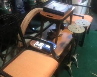 Black lacquer finish arm chairs, old maple tables, Coleman lanterns!