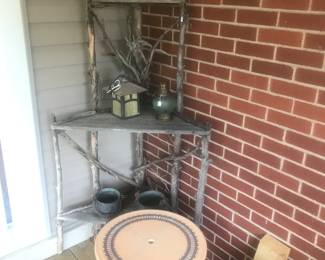 Corner twig shelf, patio table, lanterns!