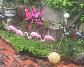 Flamingos! Yard art, lightening rod with globe!
