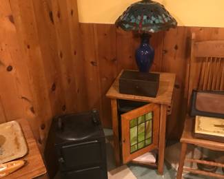 Blue stained glass lamp on a antique smokers stand!