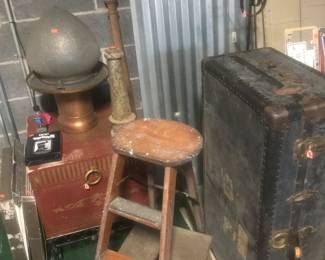 Old Detroit street globe, vintage step stool, alteration stand, storage cube with steel base and trunk!