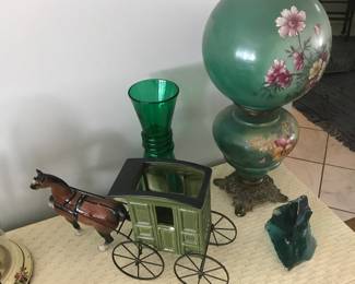 Gone with the wind gas lamp, Green crackle glass vase!