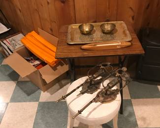 Brass wall sconces, brass tin ware, makeup stool!
