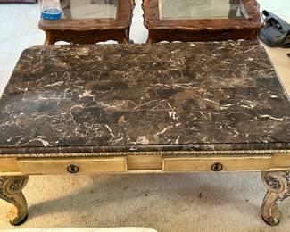 Marble Top Louis XIV Style Coffee Table and Matching Side Table
