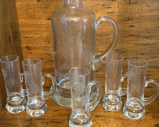 Etched Daisy Handle Decanter and Shot Glasses with Handles