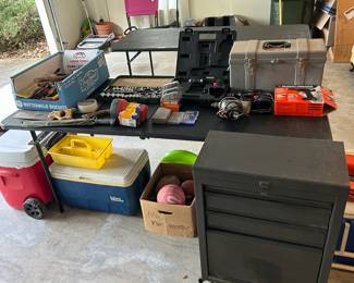 Hand Tools, Toolbox, Rolling Toolbench, Power Tools, Socket Sets, Sports Balls, Igloo and Coleman Coolers