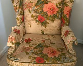 1960's Vintage Henredon Wingback Chair in Peacock Print & Velvet