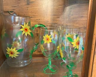 Sunflower Painted Pitcher and Glasses