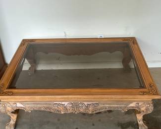 Carved Wood and Glass Coffee Table