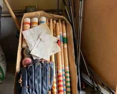 Vintage Croquet Set Fishing Reels Poles Golf Clubs  Bin Of Sporting Goods