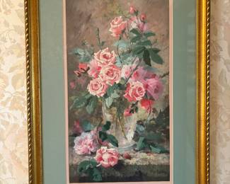 Vintage Framed Crewel Roses 1980's