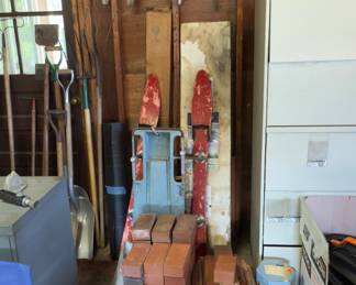 Vintage "ski sled", saws, bricks, animal traps