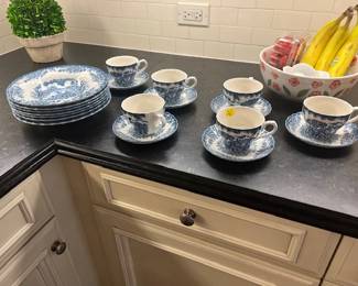 Churchilll - the Blue Brook pattern, 8 10" dinner plates, 8 cups and saucers, 8" salad/dessert plates, 9 1/2 bowl, 7 coup, 12" platter