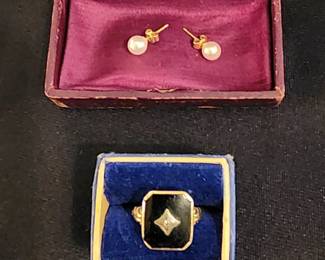 18k Gold and Pearl Earrings- 10K Gold and Onyx Ring