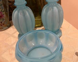 Fenton Baby Blue Glass Ruffled Bowl And Two Vases