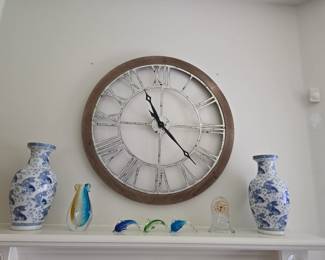 Oriental vases, glass art, crystal clock and oversized farmhouse clock