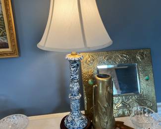 One of a pair of blue and white based lamps