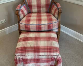 Comfy red and white plaid chair with matching ottoman