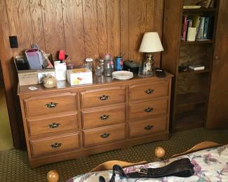 Full bedroom set including: Dresser, chest of drawers, bed, headboard and mattresses.