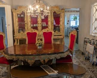 All carved custom made Italian dining set, chairs, two leaves, table, cocktail table, side tables and two lamps